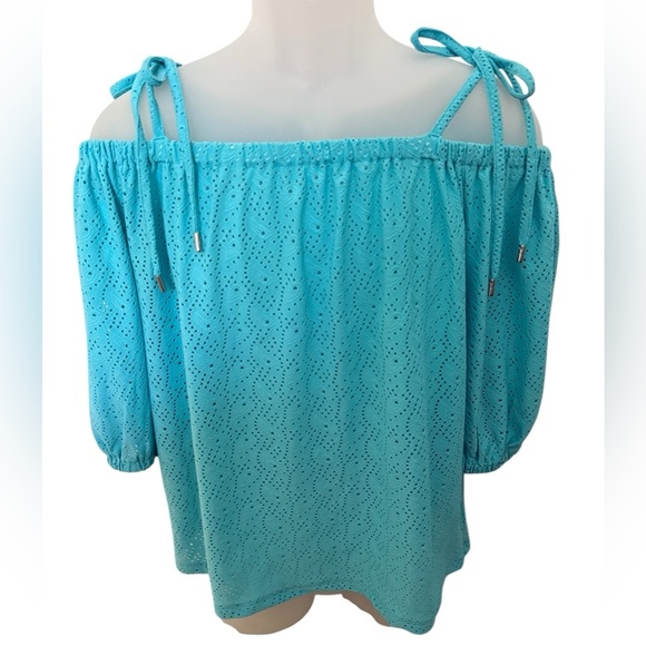 MICHAEL KORS Turquoise Eyelet Off-Shoulder Ties Blouse Women PM Petite Medium - Picture 1 of 5